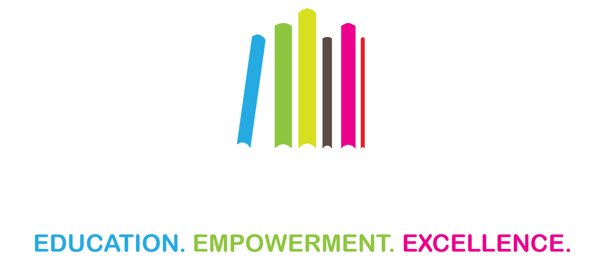 Vision Tech Academy logo featuring a stylized design of six vertical bars in blue, green, yellow, brown, pink, and red, resembling books, framed by black curly braces on each side. Below the graphic, the text 'VISION TECH ACADEMY' is written in bold black letters. Underneath, the tagline 'EDUCATION. EMPOWERMENT. EXCELLENCE.' is displayed in blue, green, and pink, respectively, emphasizing the academy's core values. The overall design is clean and modern, conveying a focus on learning and innovation.